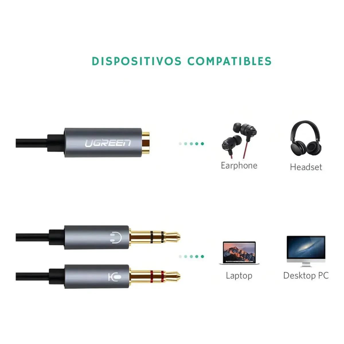 ADAPTADOR DE AUDIO UGREEN AV140 3.5 MM TRRS A DOBLE 3.5 MM TRS PARA AUDÍFONOS Y MICRÓFONO - 6