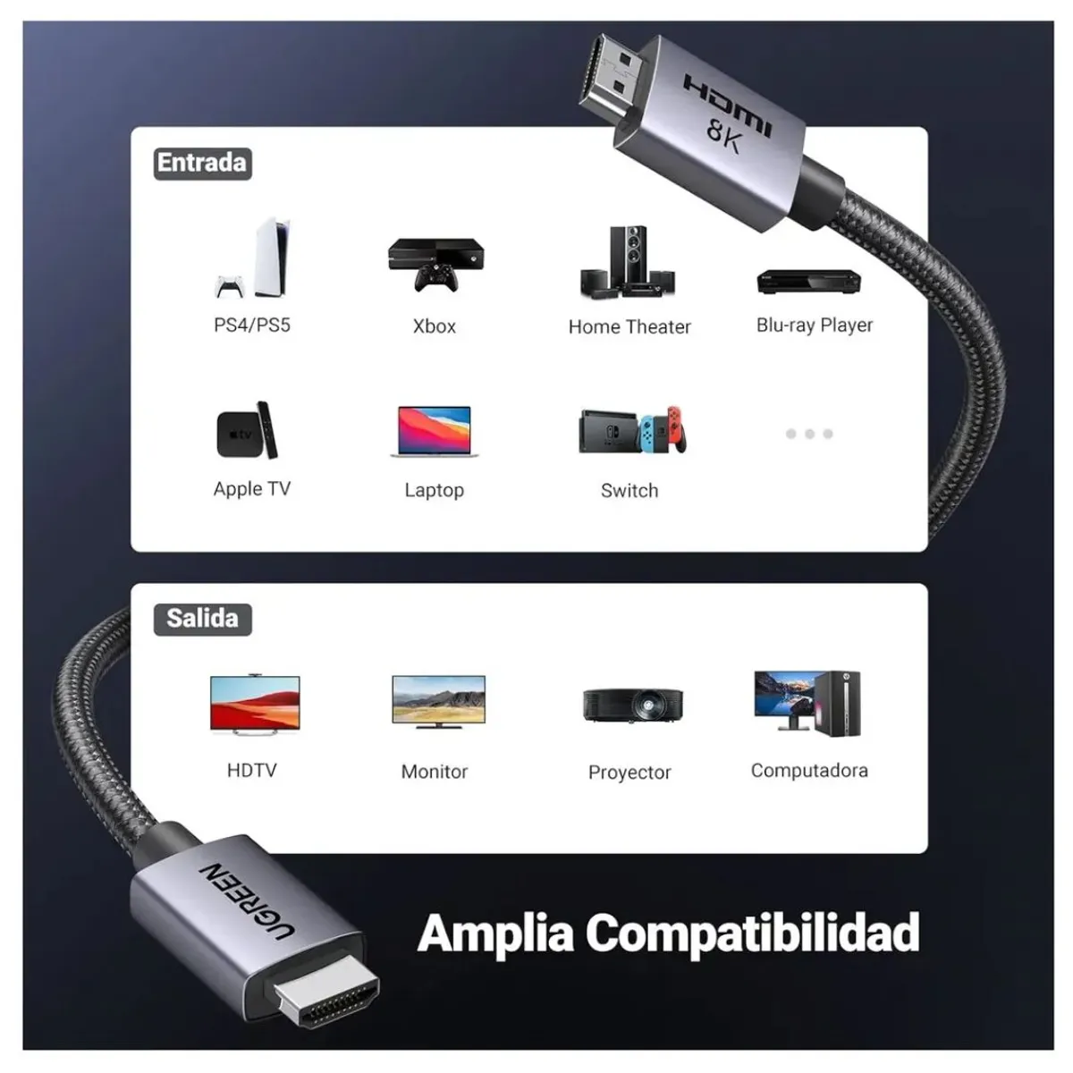 CABLE HDMI UGREEN HD101 10M 8K 60HZ 4K 120HZ HDMI 2.1 48GBPS PARA PS5 XBOX TV Y PROYECTOR - 4