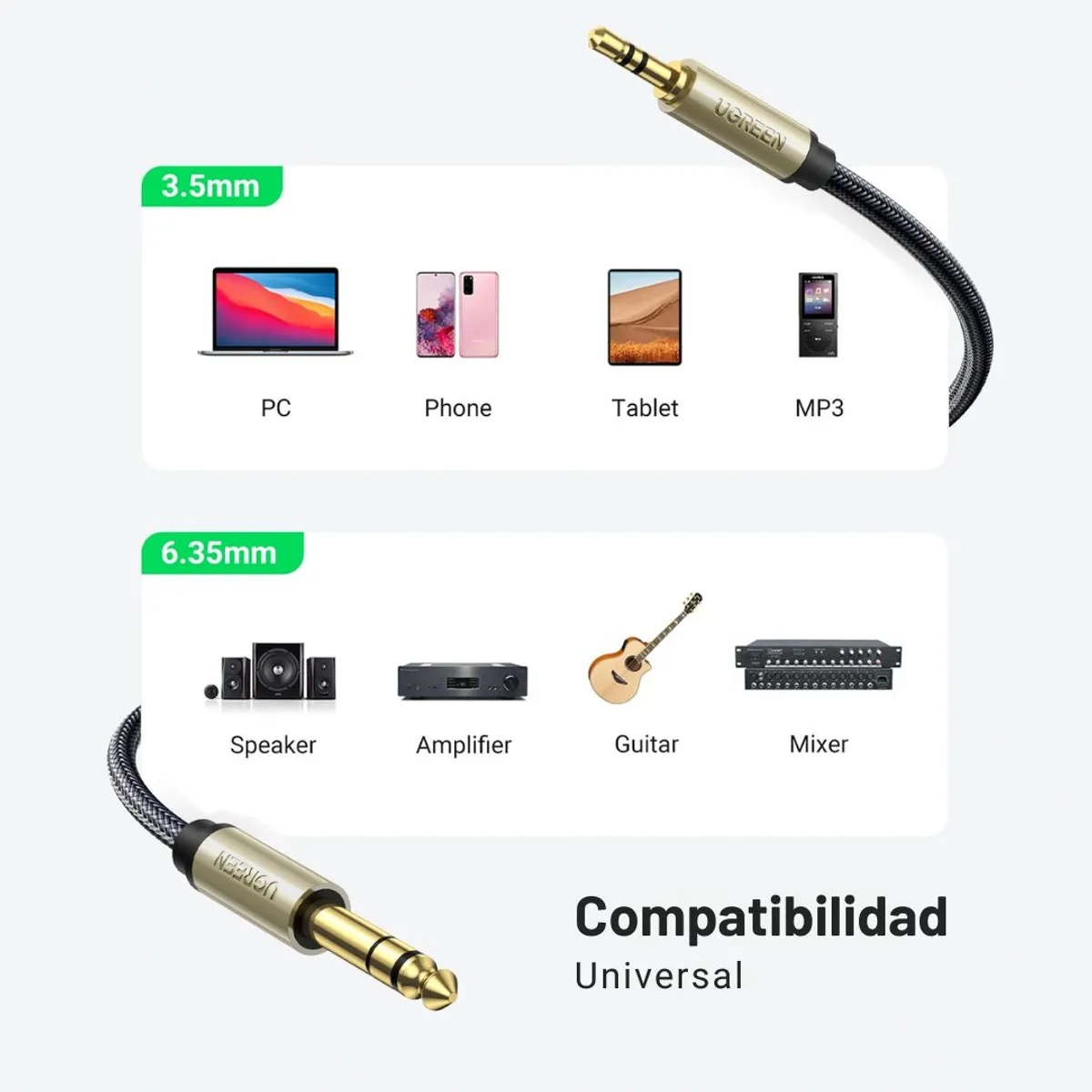 CABLE DE AUDIO UGREEN AV127 3.5 MM A 6.35 MM TRS HIFI 5 METROS PARA AMPLIFICADOR Y MEZCLADORA - 4