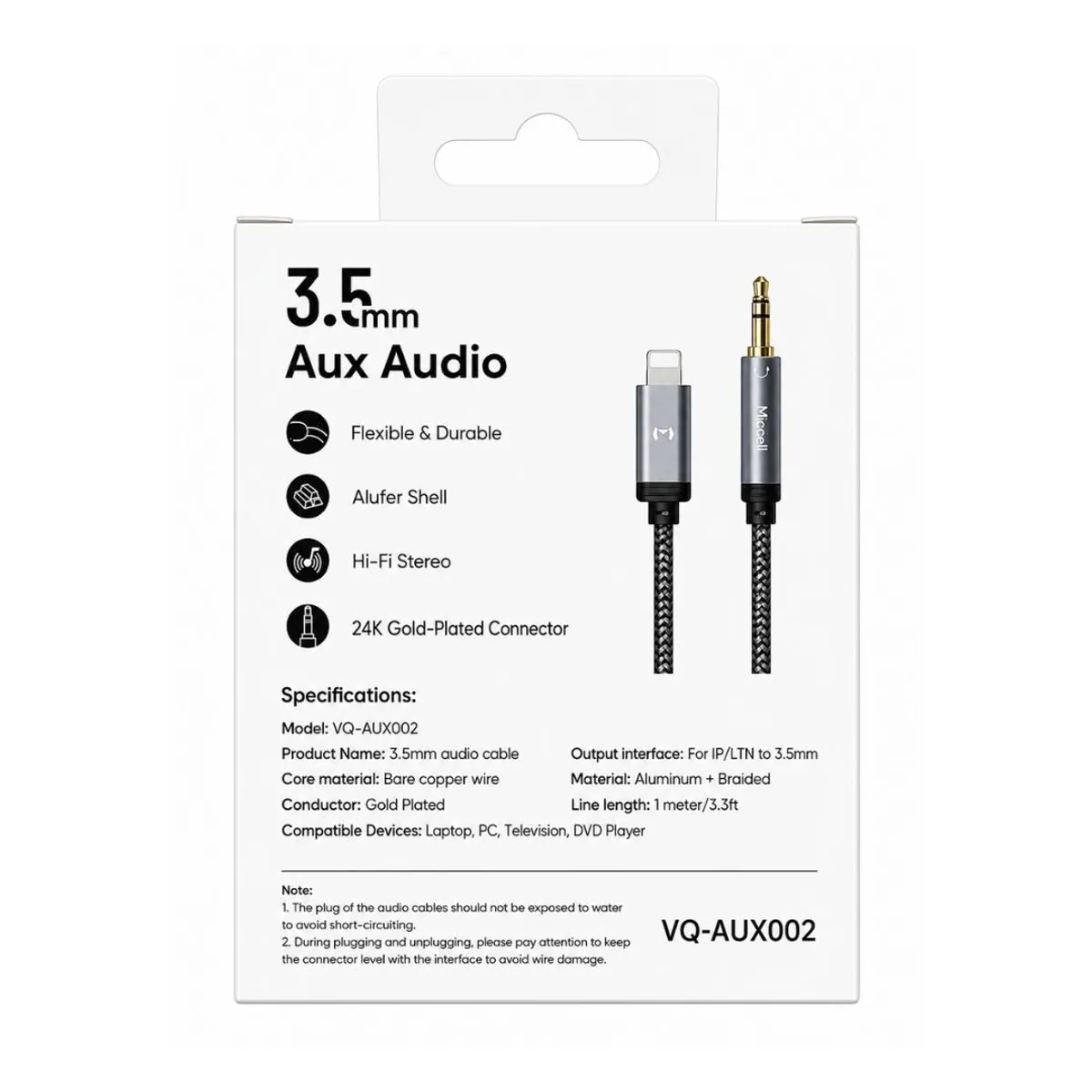 CABLE AUXILIAR MICCELL LIGHTNING A 3.5MM PARA IPHONE AUDIO HI-FI TRENZADO DE 1 METRO - 3