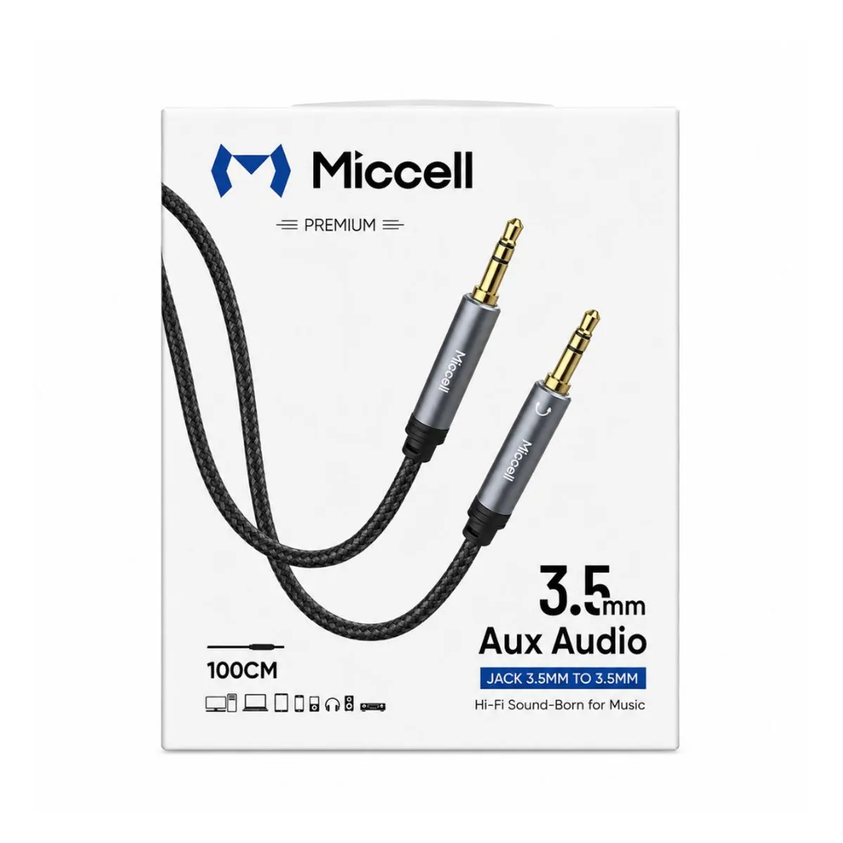 CABLE AUXILIAR MICCELL JACK 3.5MM A 3.5MM HI-FI TRENZADO CON CONECTORES DORADOS DE 1 METRO - 2