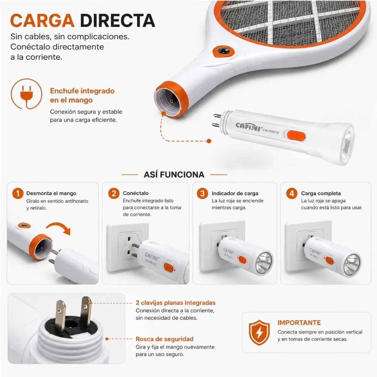 RAQUETA ELÉCTRICA MATA MOSQUITOS CAFINI CN-P9212 RECARGABLE CON LINTERNA LED - 6