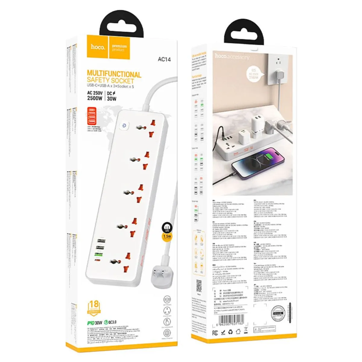 REGLETA ELÉCTRICA HOCO AC14 RICO CON 5 TOMAS 3 USB-A USB-C PD 30W QC 3.0 Y CABLE DE 1.5 M - 2