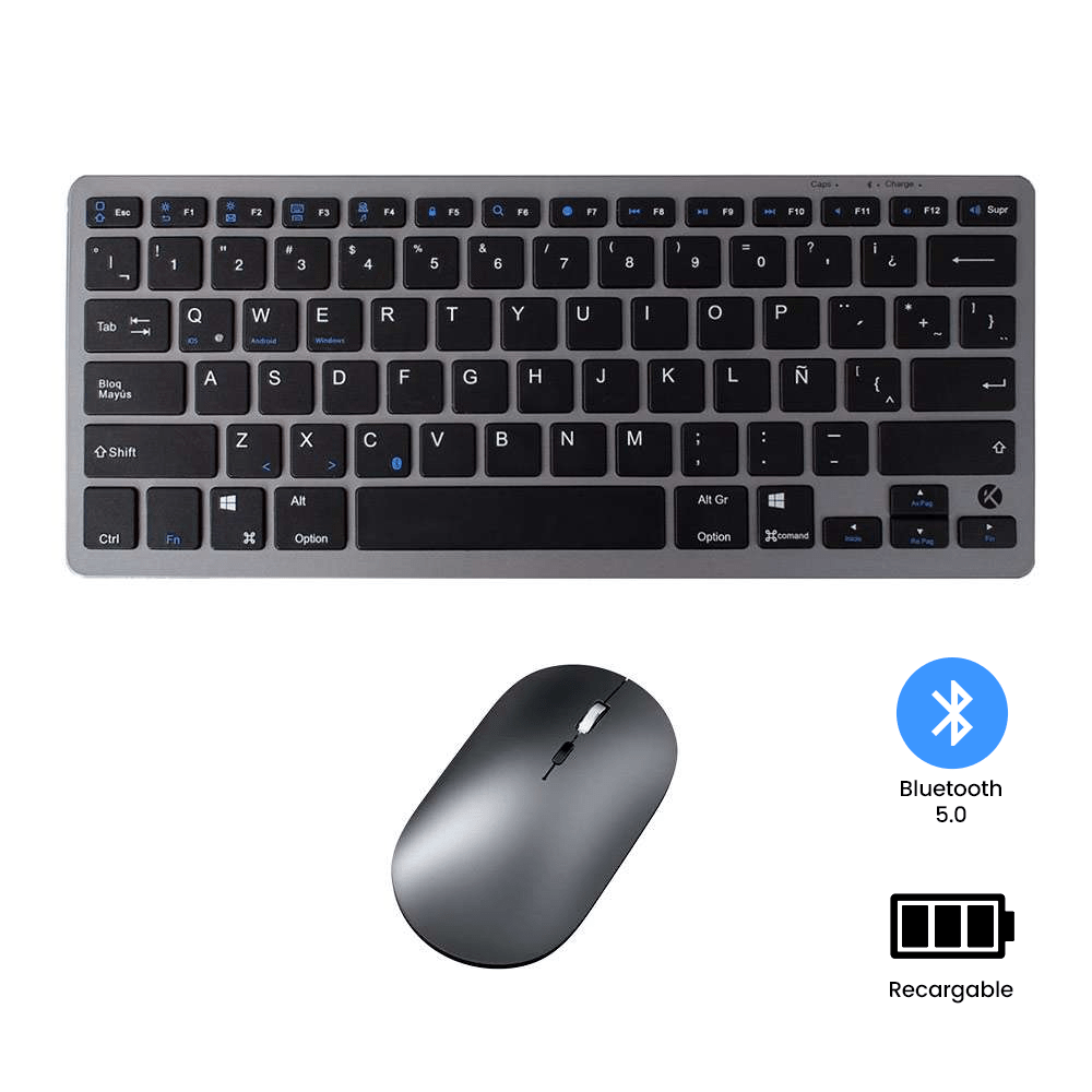 TECLADO Y MOUSE INALÁMBRICO BLUETOOTH RECARGABLE – NEGRO CON GRIS - 1