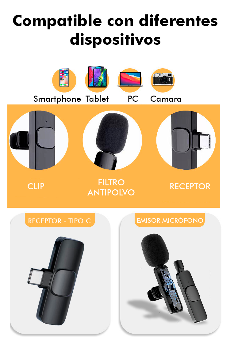 MICRÓFONO SOLAPERO INALÁMBRICO TIPO C K8 CON ADAPTADOR USB PARA PC - 6