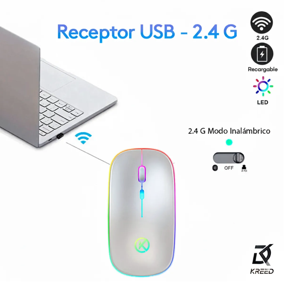 MOUSE RGB INALÁMBRICO RECARGABLE K301 - PLATA - 2