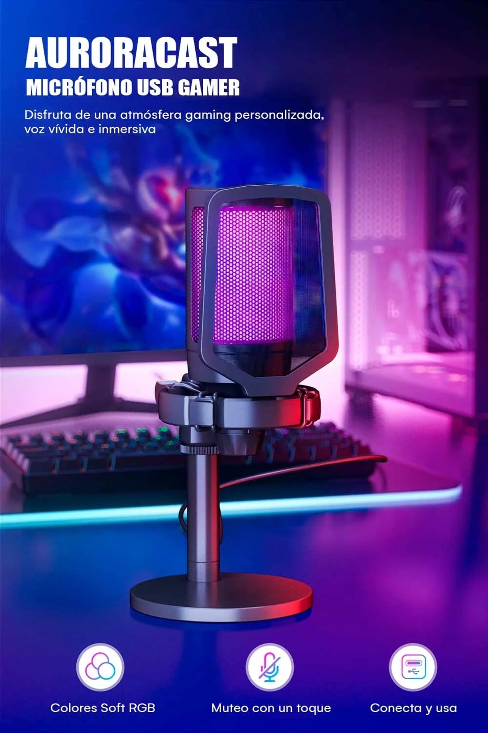 MICRÓFONO DE GAMER SOFT RGB AURORACAST CON BRAZO Y ACCESORIOS - 4