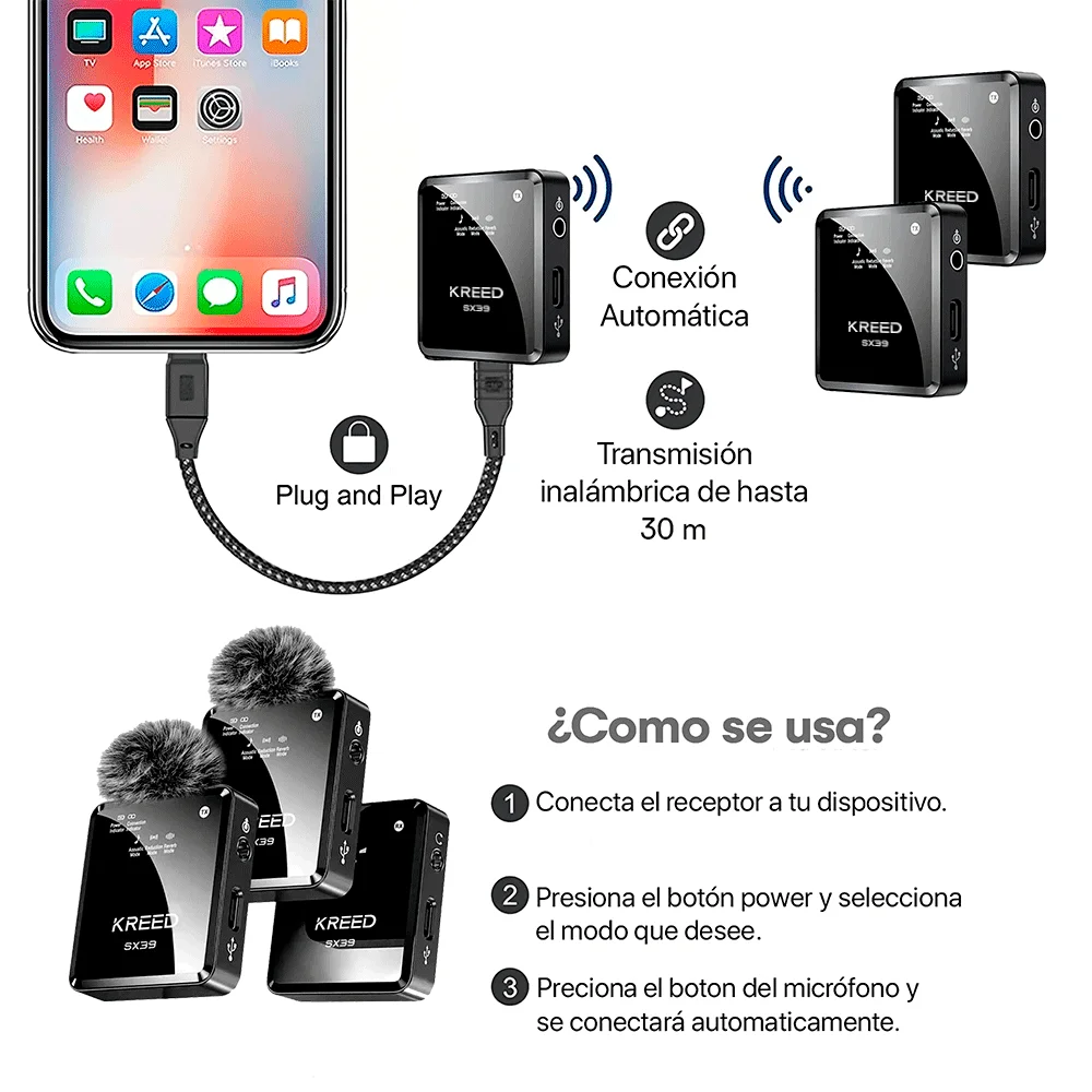 KIT MICRÓFONO SOLAPERO INALÁMBRICO PROFESIONAL DUAL SX39 Y ADAPTADOR SOPORTE DE MANO - 7