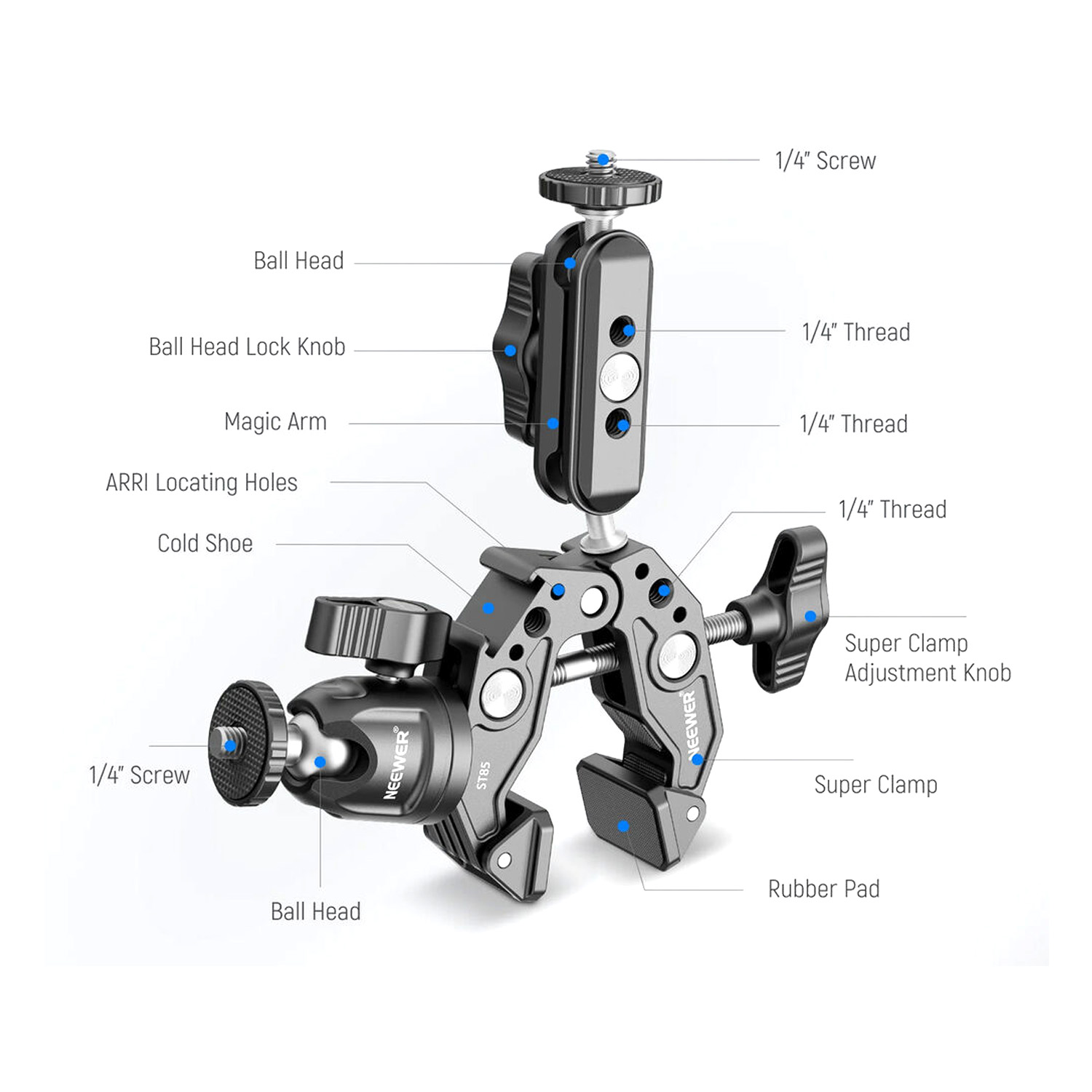 SÚPER CLAMP NEEWER CON BRAZO MÁGICO DE RÓTULA DOBLE - ST85 - 6