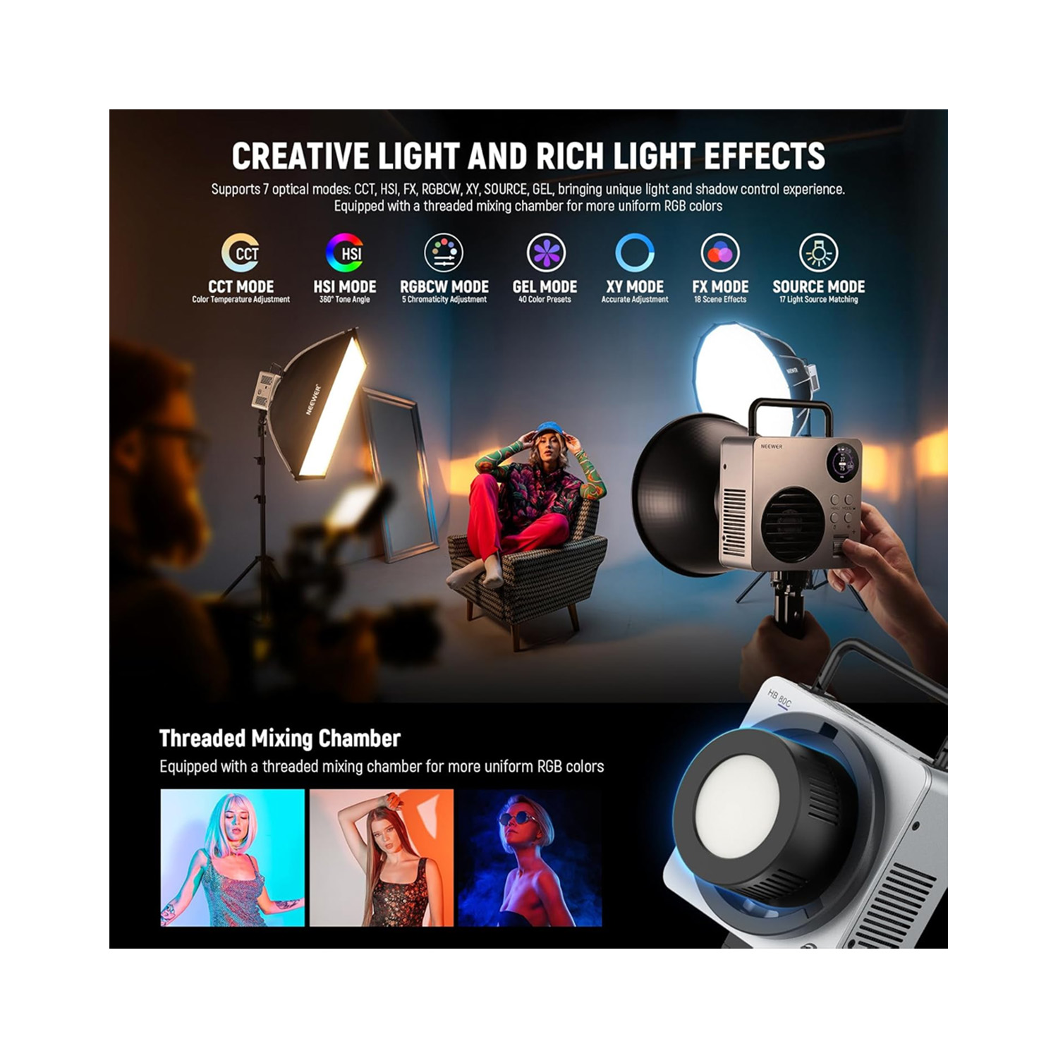 LUZ LED NEEWER HB80C DE 80W RGB PORTÁTIL MONTURA BOWENS - 4