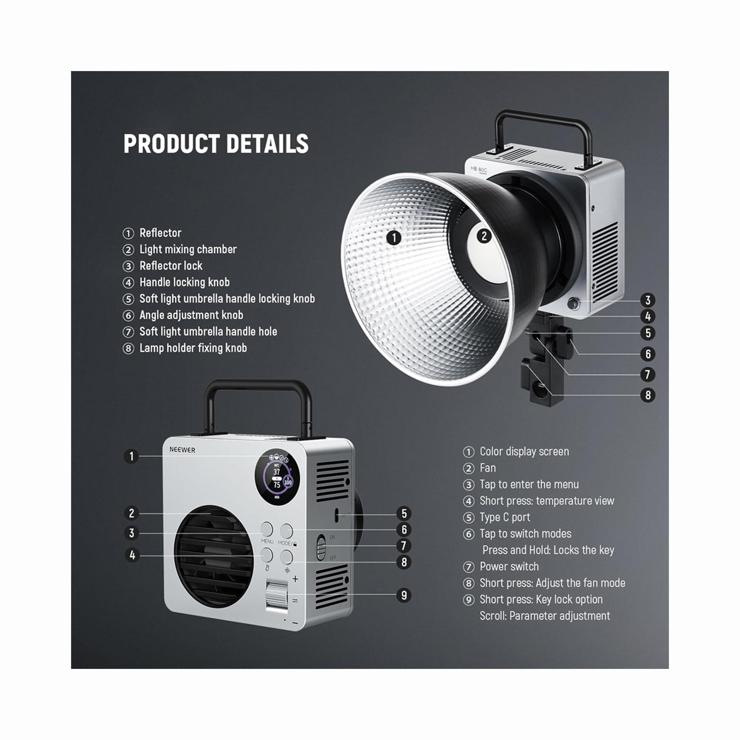 LUZ LED NEEWER HB80C DE 80W RGB PORTÁTIL MONTURA BOWENS - 8