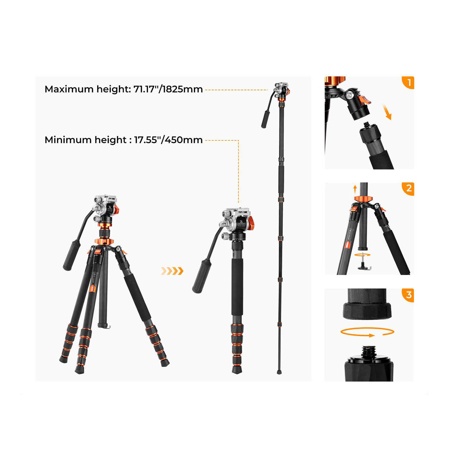 TRÍPODE MONOPIE DE FIBRA DE CARBONO O255C4+FH-03 KYF CONCEPT KF09.158 - 6