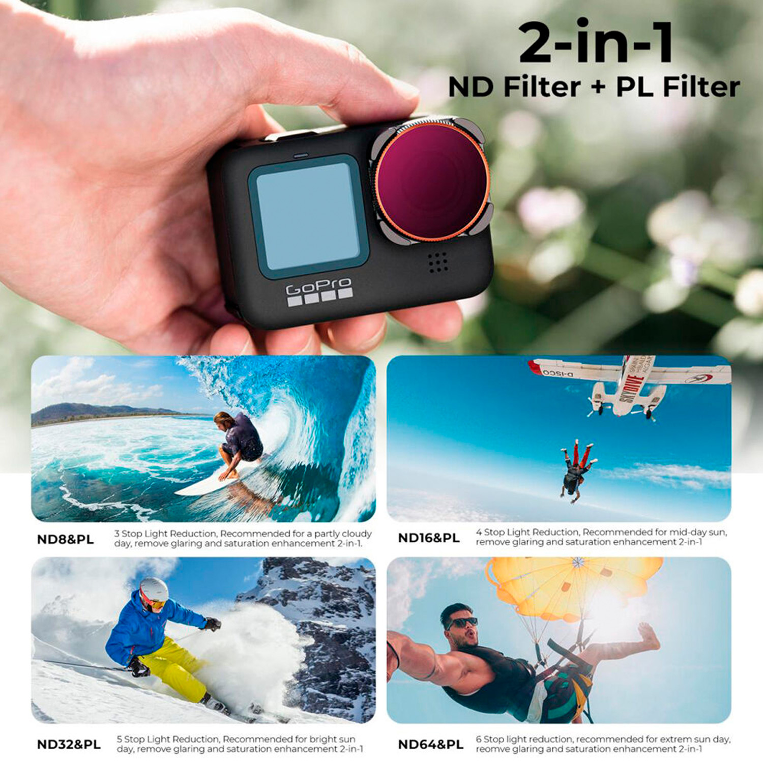 KIT DE FILTROS KYF CONCEPT PARA GOPRO HERO 9/10/11/12 4-IN-1 (ND8/PL, ND16/PL, ND32/PL, ND64/PL) - 4