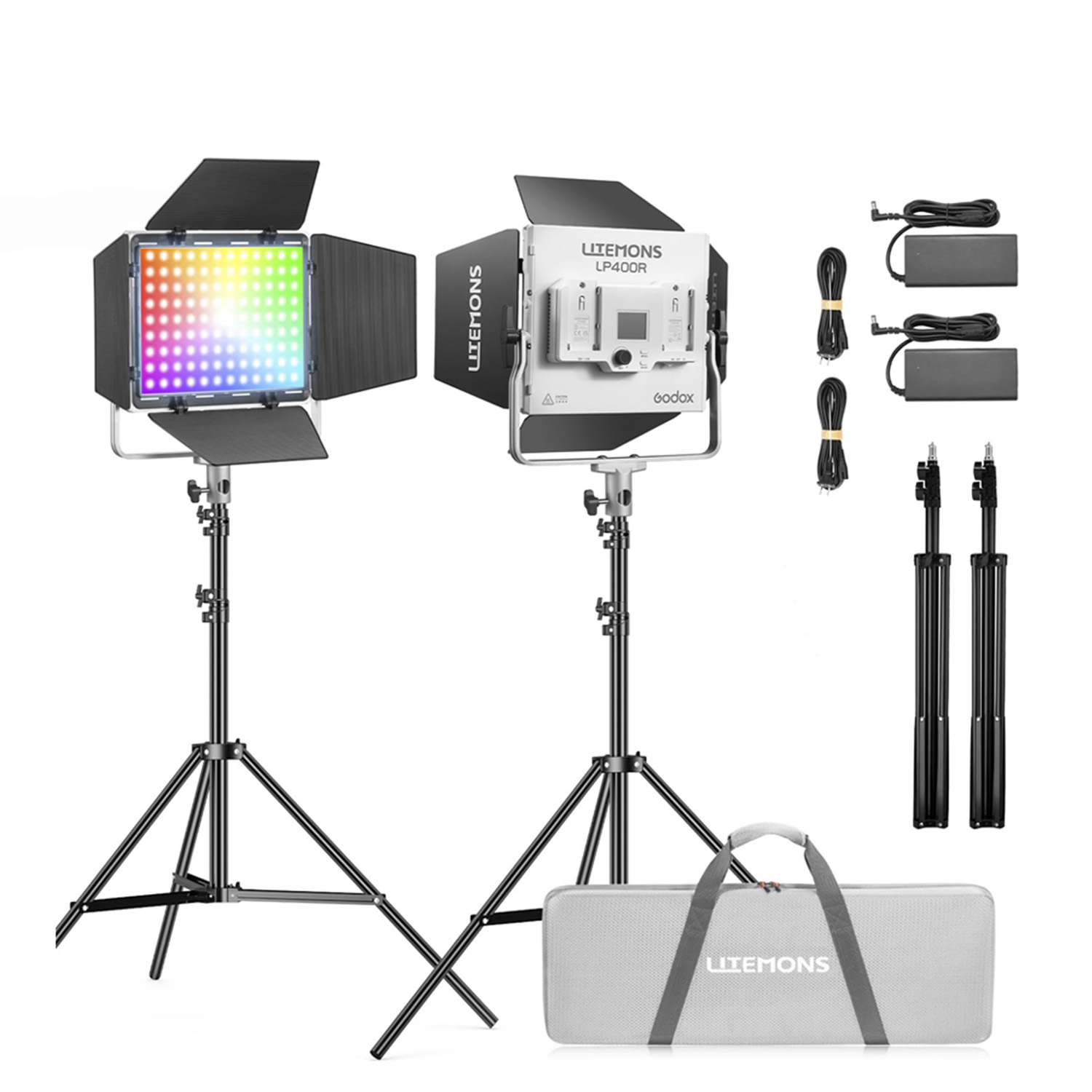 KIT DE 2 LUCES LED RGB LITEMONS GODOX LP400R + PARANTES + MALETIN - 1