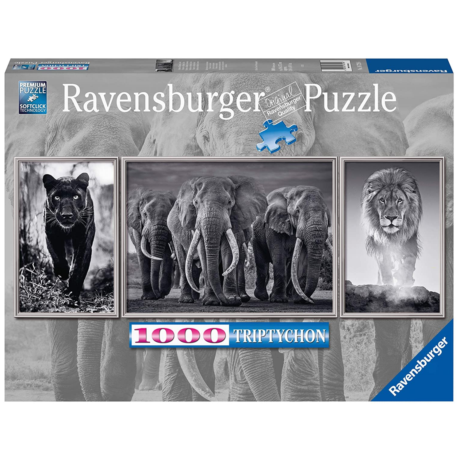 ROMPECABEZAS 1000 PZ PANTERA, ELEFANTE Y LEÓN BLANCO Y NEGRO - 1