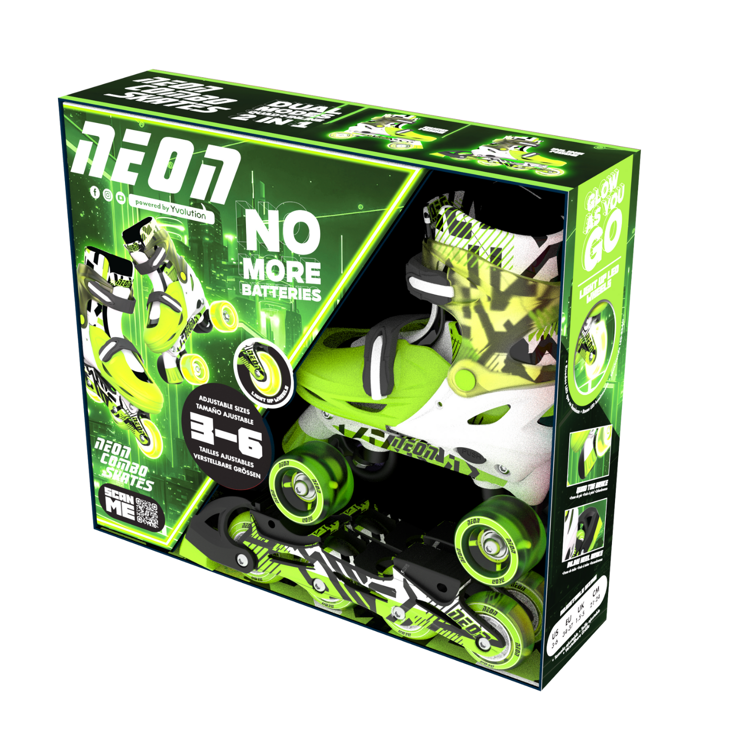 YVOLUTION PATINES NEON COMBO AJUSTABLES (TALLA 34-37) CON LUCES LED - COLOR VERDE Y BLANCO - 4