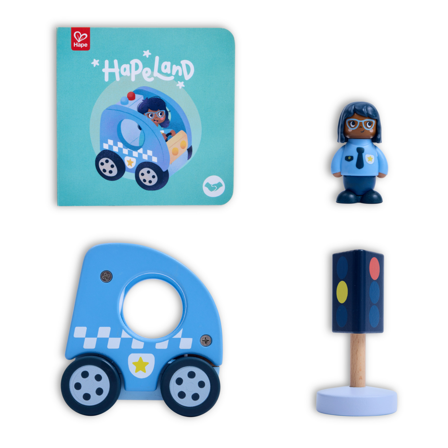 HAPELAND SET AUTO Y POLICÍA DE MADERA + CUENTO - 1