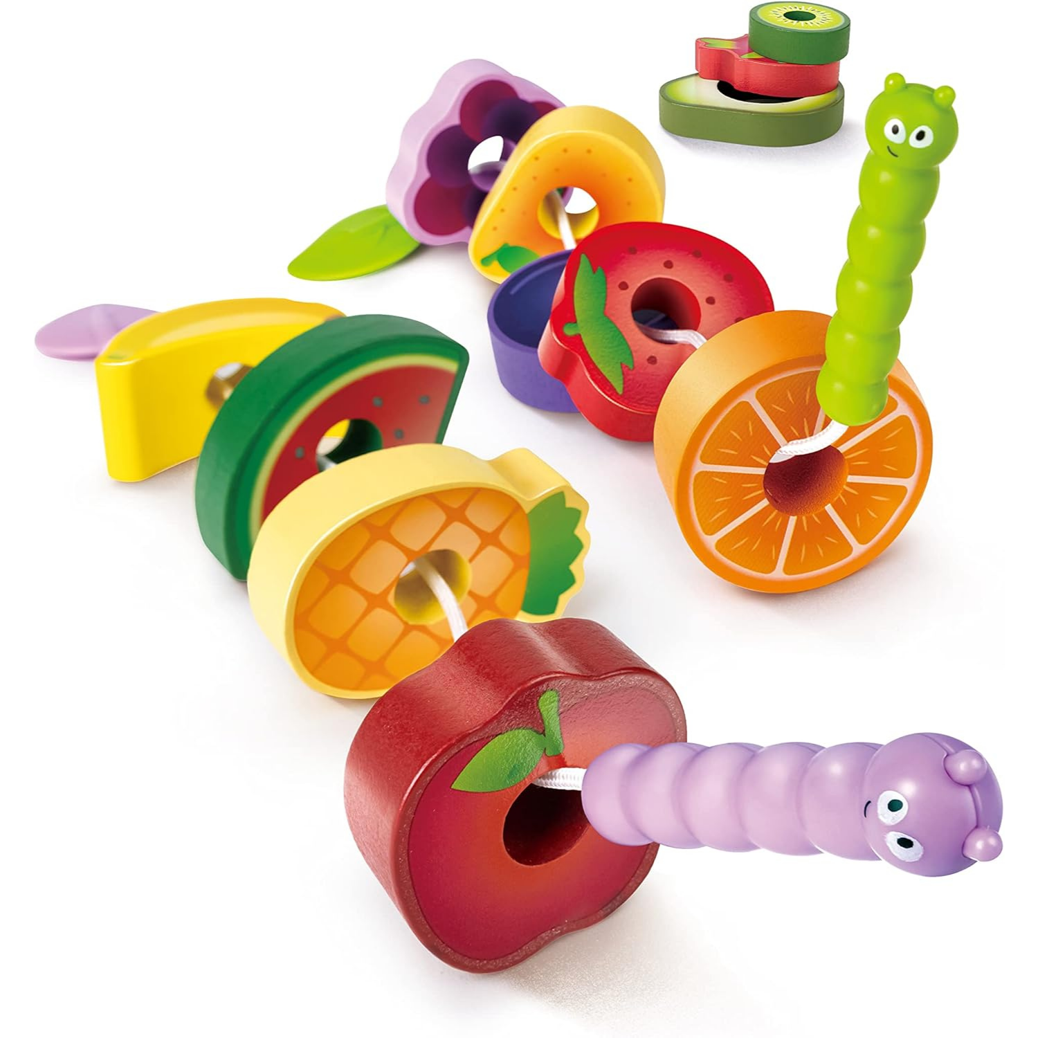 CUENTAS DE ENCAJE DE MADERA PARA ENSARTAR MODELO FRUTAS 15 PIEZAS - 1