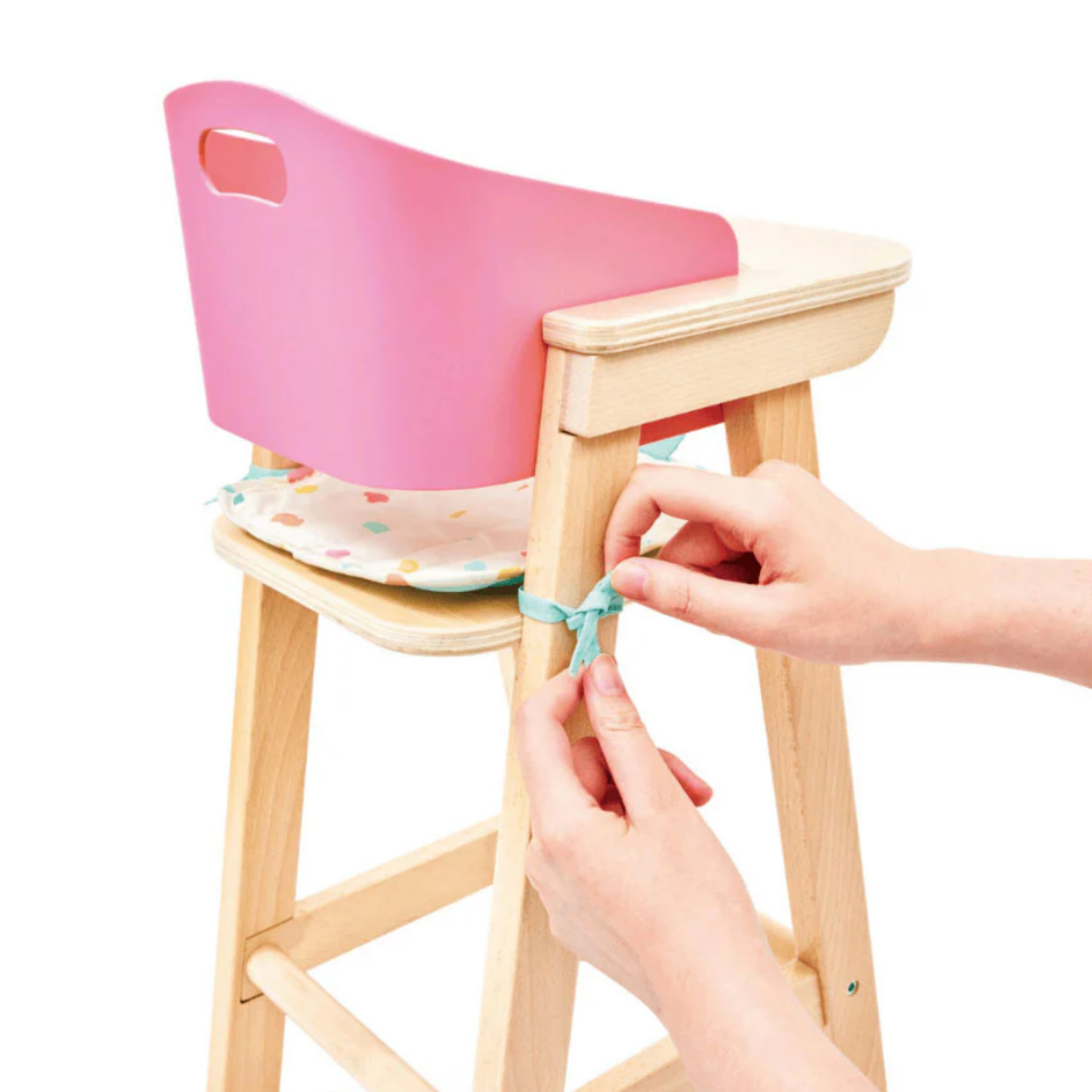 SILLA DE COMER DE MADERA Y TELA PARA MUÑECAS 02 PIEZAS - 3