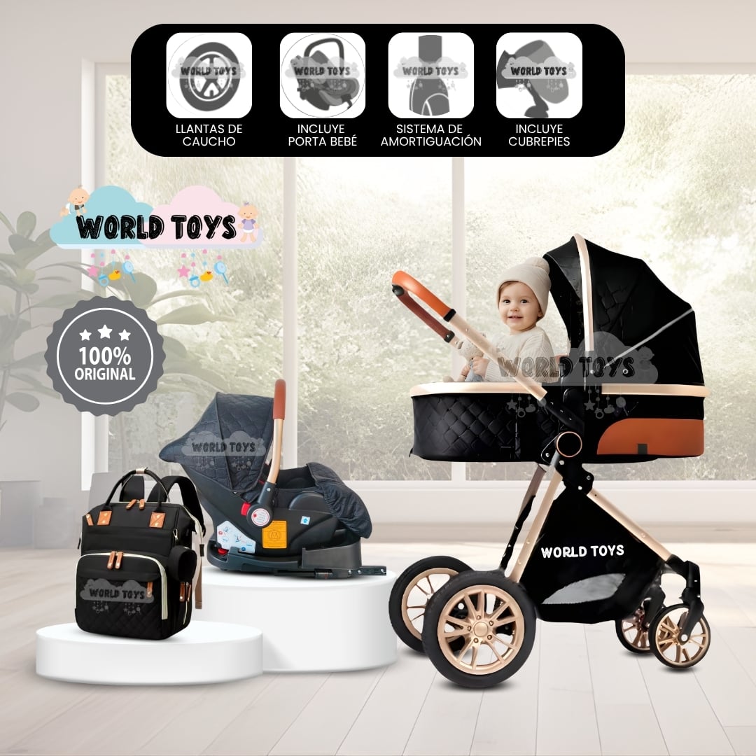 COCHE CUNA BABY GOLD LABELL NEGRO MOISÉS LUJO CON PORTABEBÉ - 1
