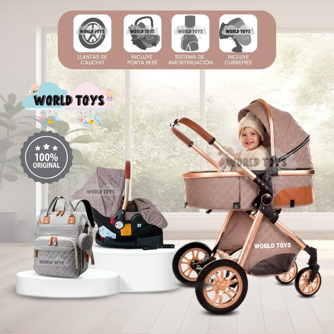 COCHE CUNA BABY GOLD LABELL CAFÉ MOISÉS LUJO CON PORTABEBÉ - 1
