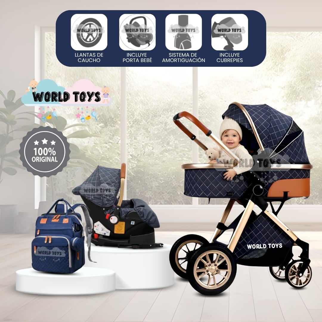 COCHE CUNA BABY GOLD LABELL AZUL MOISÉS LUJO CON PORTABEBÉ - 1
