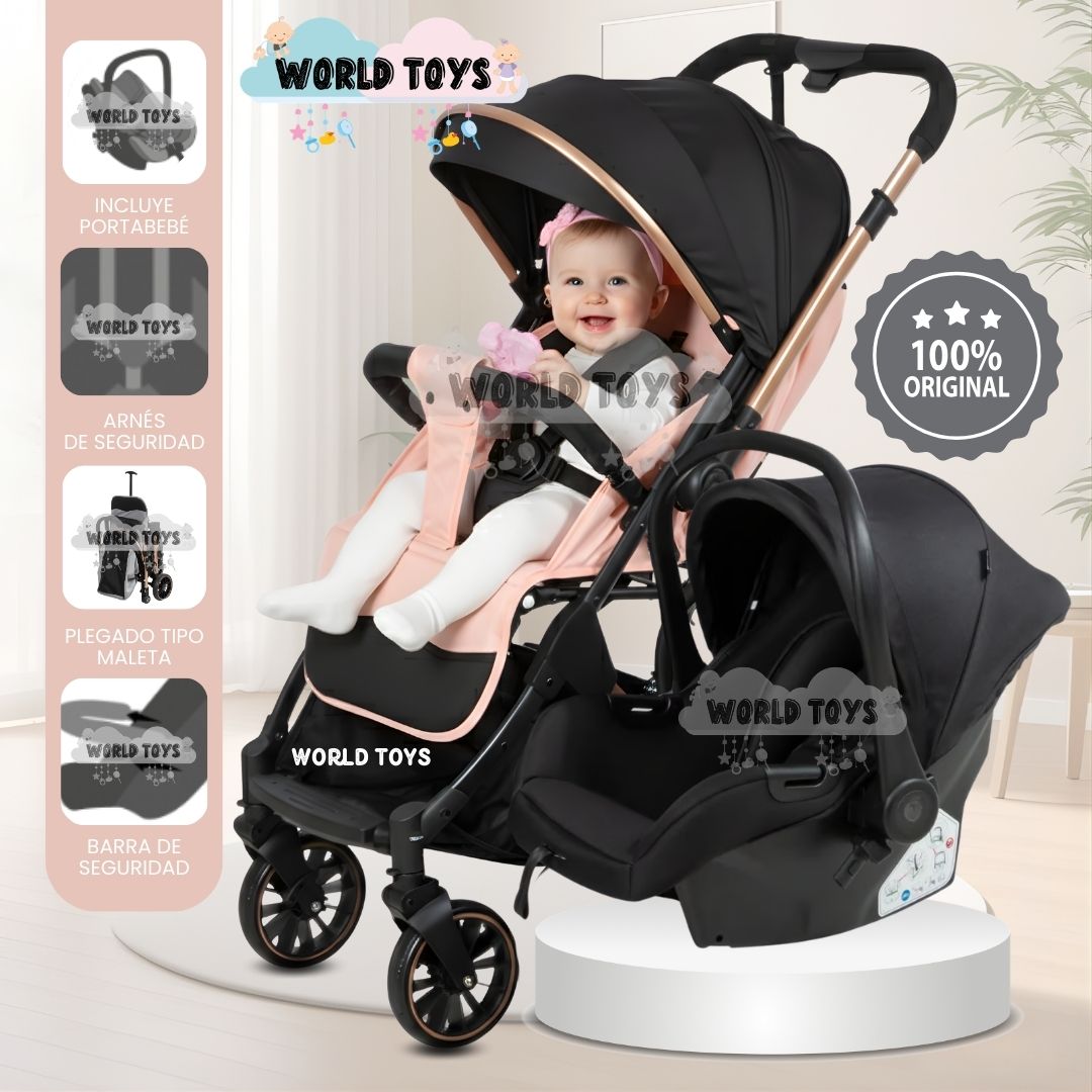 COCHE MALETA DE LUJO PARA BEBÉ «J' SPARROW» CON PORTABEBÉ ROSADO - 1