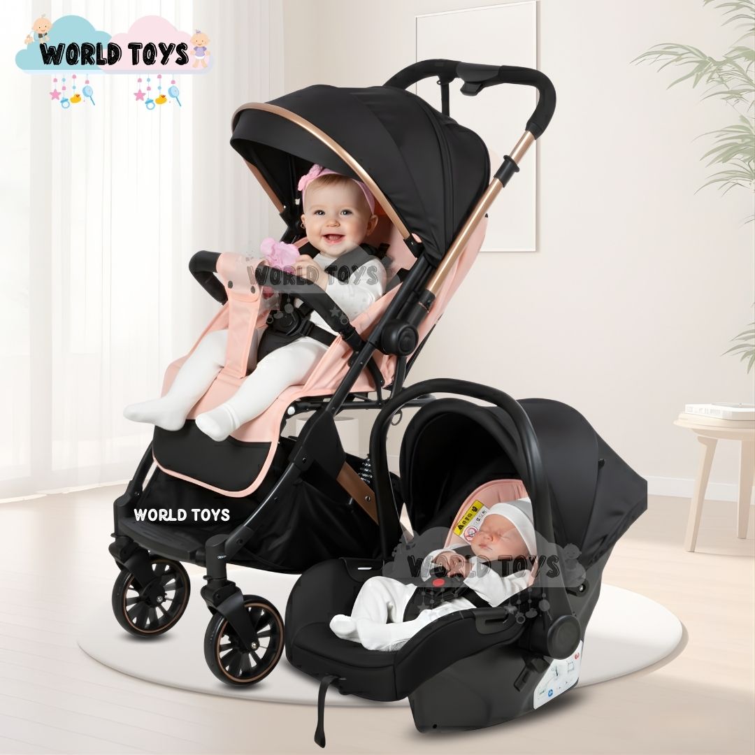 COCHE MALETA DE LUJO PARA BEBÉ «J' SPARROW» CON PORTABEBÉ ROSADO - 3