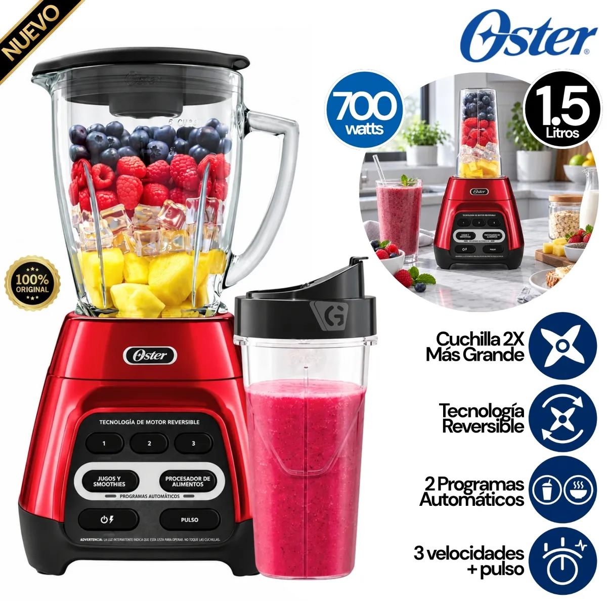 LICUADORA CON TECNOLOGÍA REVERSIBLE 1.5 LTS OSTER BLSTPYG1310RBG ROJO - 1