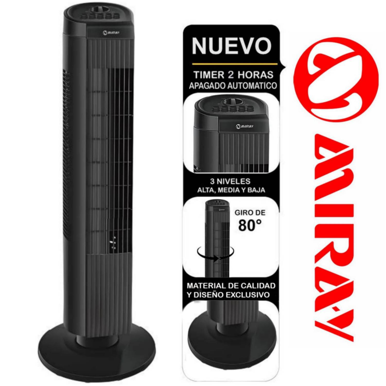 VENTILADOR TORRE MIRAY VMTT-933 35 WATTS 3 VEL 30 NEGRO - 1