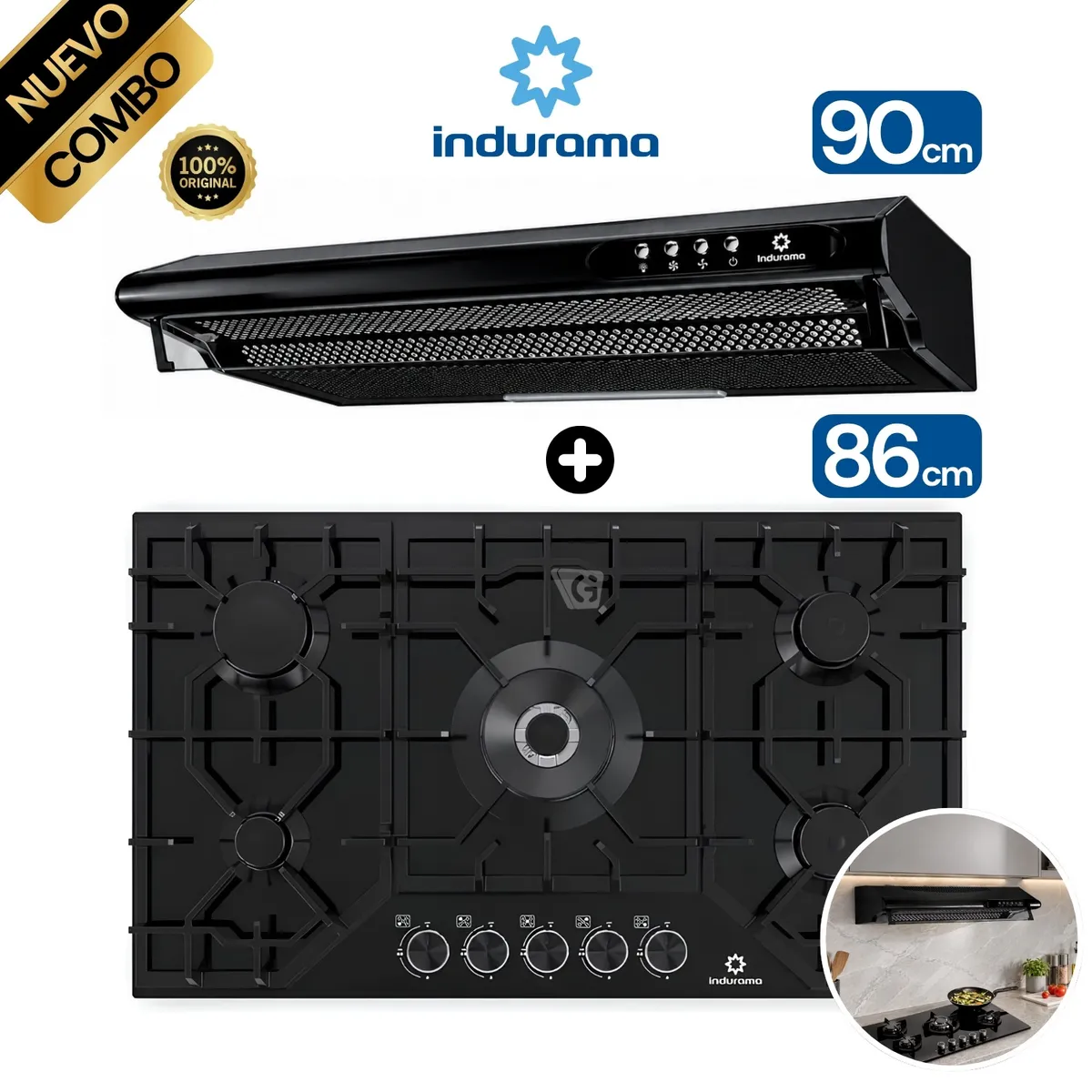 COMBO INDURAMA COCINA EGASI-905CGNE Y CAMPANA CEI-902NE - 1