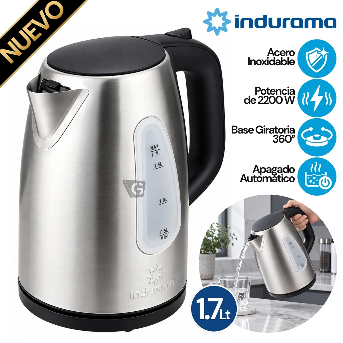 HERVIDOR ELECTRICO DE ACERO INOXIDABLE INDURAMA HI-INX 1.7 LT - 1