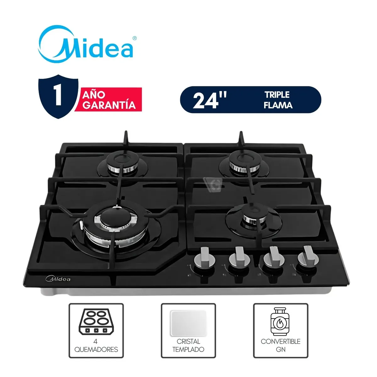ENCIMERA EMPOTRABLE A GAS 24” - TRIPLE FLAMA NEGRO MTGB24R3402GG MIDEA - 1