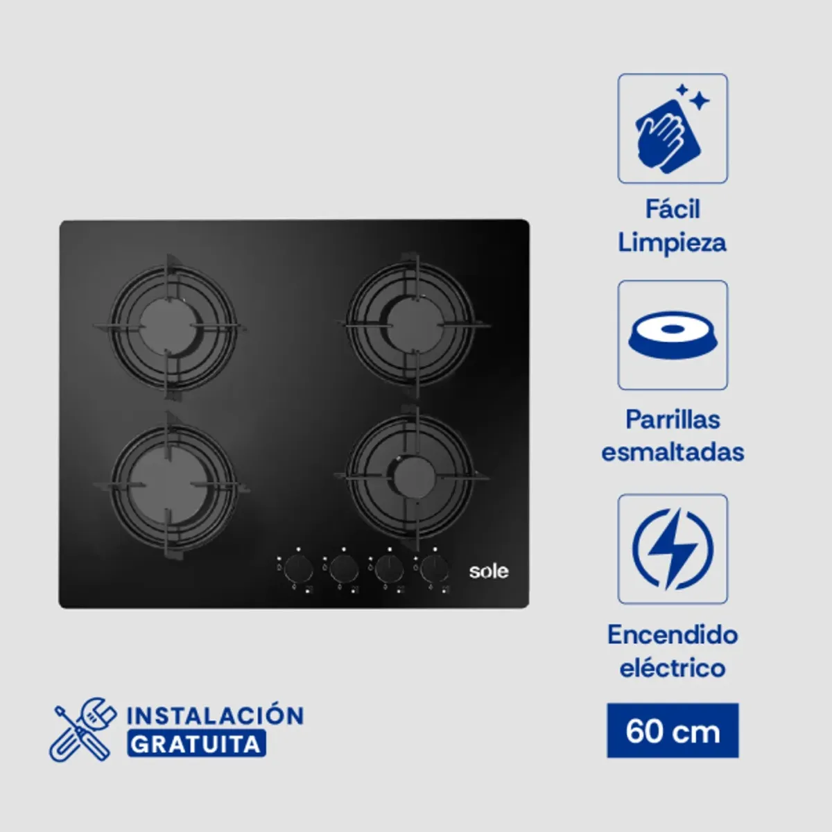 ENCIMERA VIDRIO TEMPLADO SOLE A GAS 60CM SOLCO049 - 1