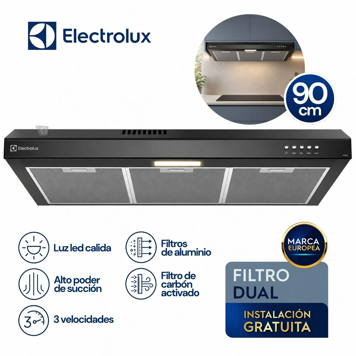 CAMPANA EXTRACTORA ELECTROLUX 90CM ALTO PODER DE SUCCIÓN E ILUMINACIÓN LED NEGRA DE9SB - 1