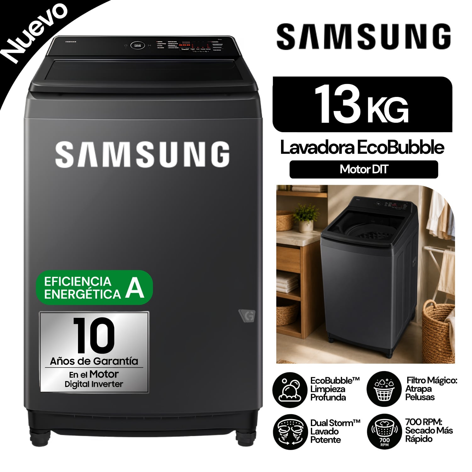 LAVADORA ECOBUBBLE 13KG GRIS GRAFITO SAMSUNG WA40F13E4CPE - 1