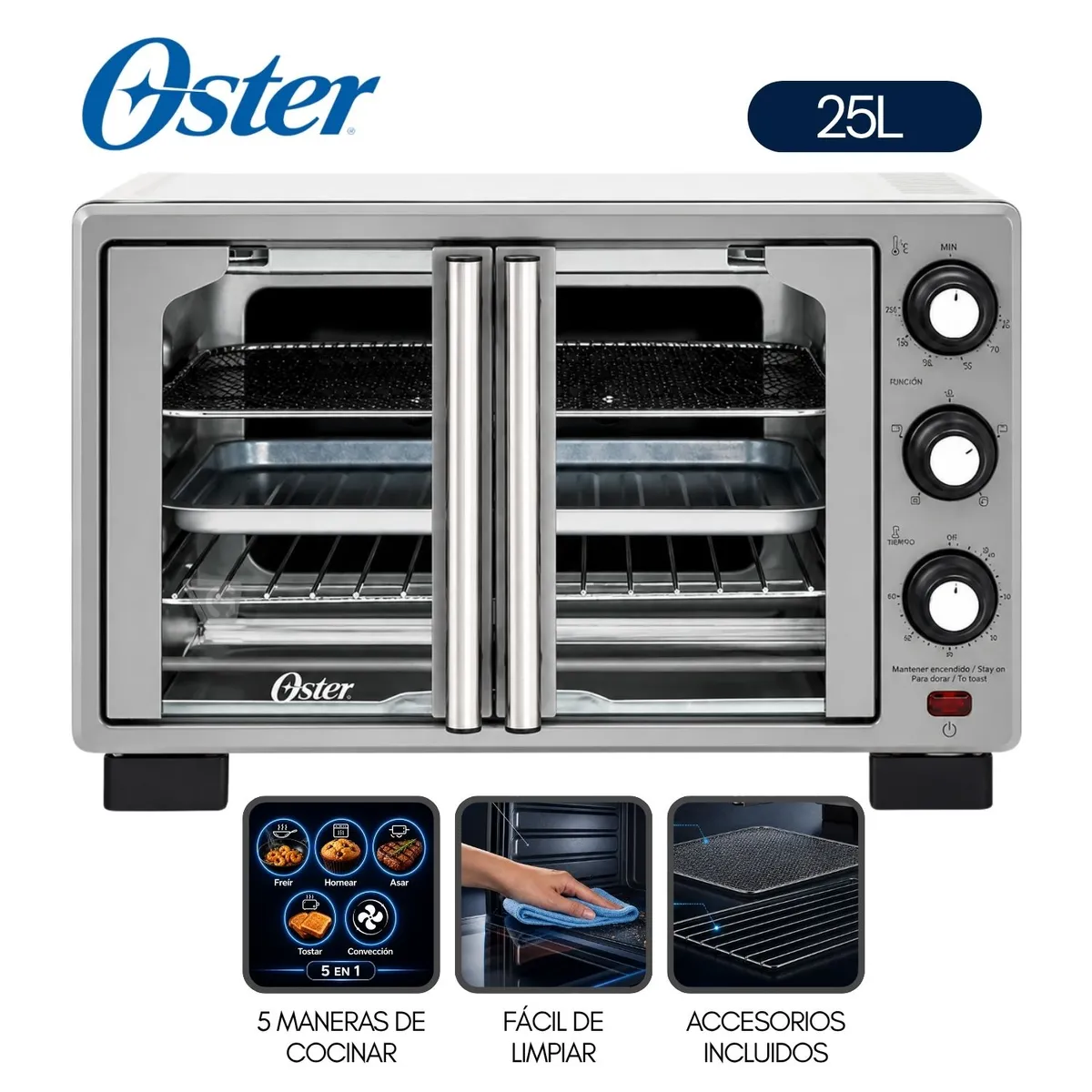 HORNO CON FREIDORA DE AIRE OSTER® DE 25 LITROS, PUERTAS FRANCESAS, TSSTTV25FDMAFNS - 1