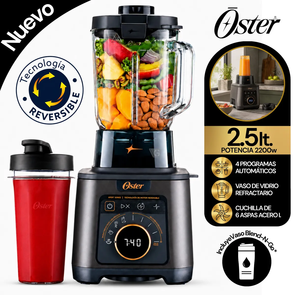 LICUADORA PROFESIONAL TITAN OSTER DE 2200 W CON 4 PROGRAMAS, 5 VELOCIDADES BLSTXT-XG - 1