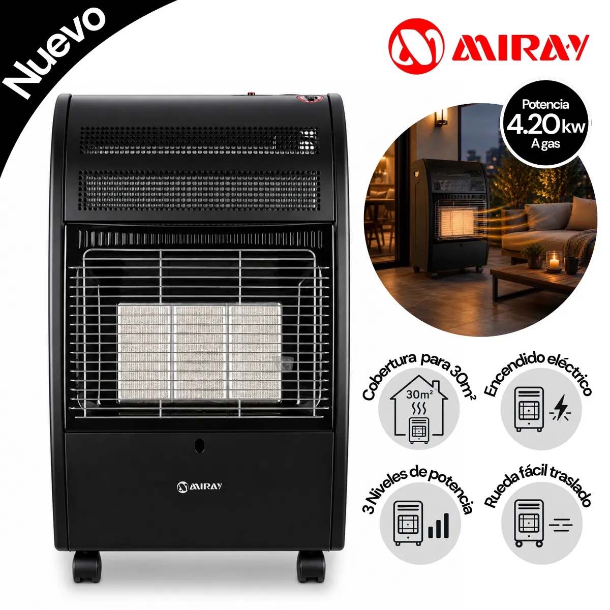 ESTUFA A GAS MIRAY EGM-72 4.20KW NEGRO 30M2 - 1