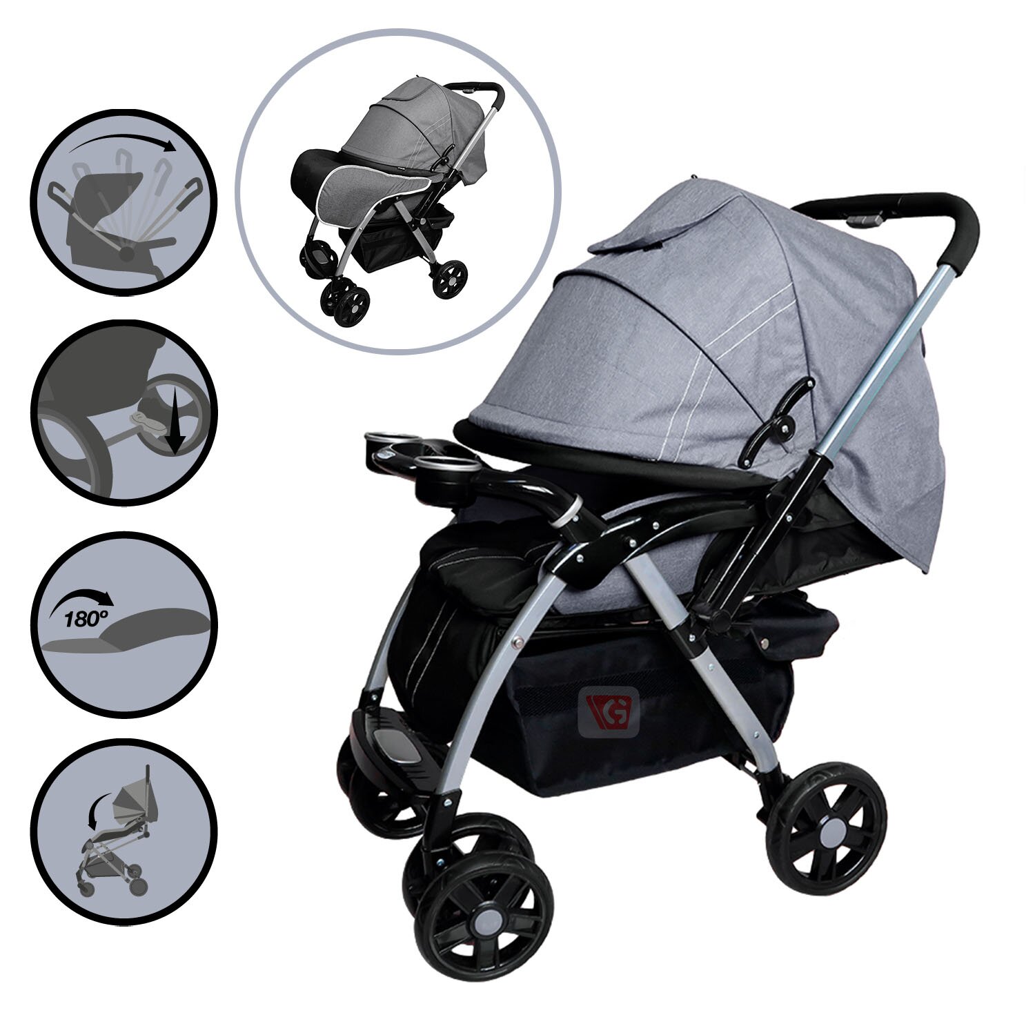 COCHE CUNA EBABY ROSSI EB1130 GRIS TRAVEL SYSTEM - 1