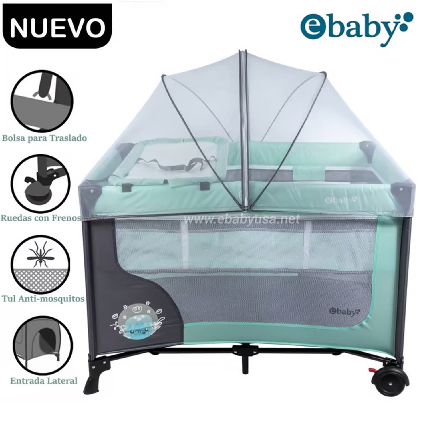 CUNA CORRAL CON CAMBIADOR EBABY HAPPY DREAM 727-2 VERDE - 1