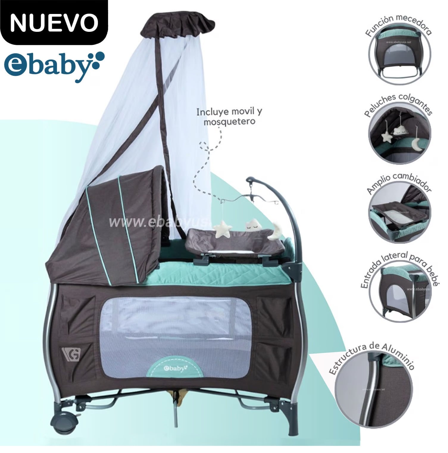 CUNA CORRAL ALUMINIO NAPY TUL REINA ANTIMOSQUITOS  EBABY 779C-1  VERDE - 1