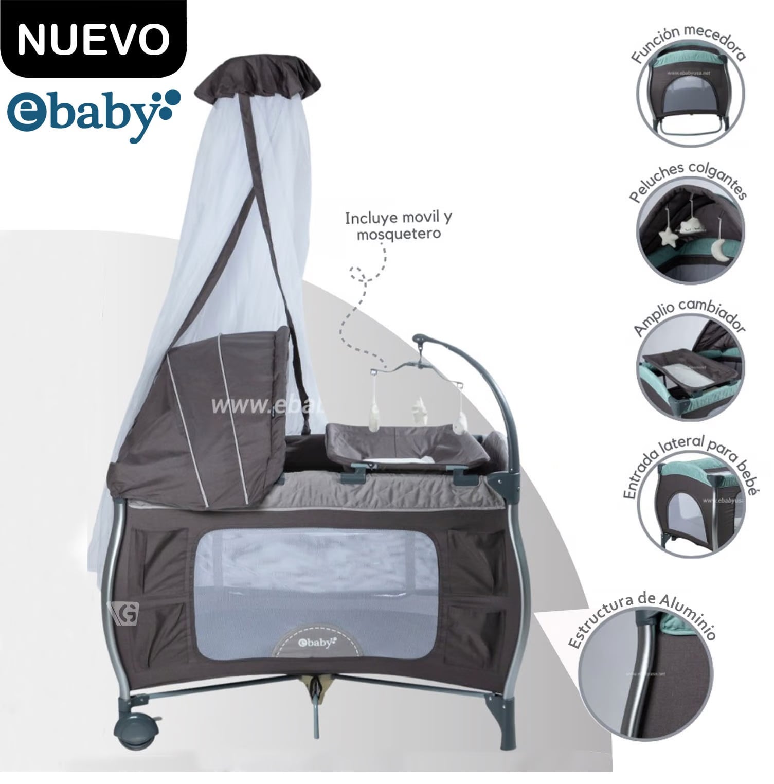 CUNA CORRAL ALUMINIO NAPY TUL REINA ANTIMOSQUITOS  EBABY 779C-1  GRIS - 1