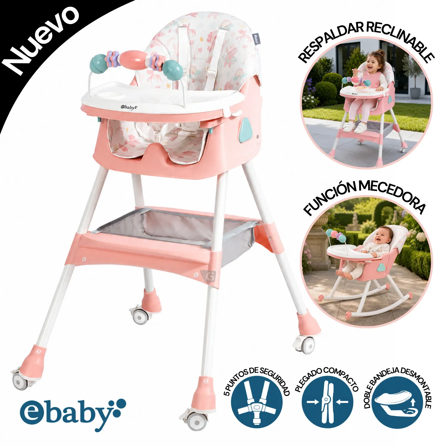 SILLA DE COMER EBABY CON MECEDORA DALI ROSADO 633-1 - 1