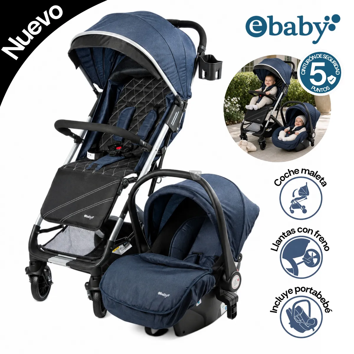 COCHE MALETA CON PORTABEBÉS URBAN WAY EBABY AZUL – EB136 - 1