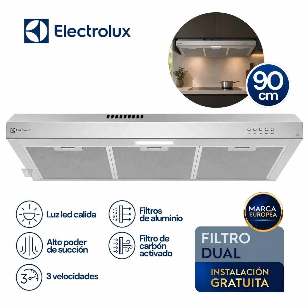 CAMPANA EXTRACTORA ELECTROLUX 90CM ALTO PODER DE SUCCIÓN E ILUMINACIÓN LED INOX DE9SS - 1