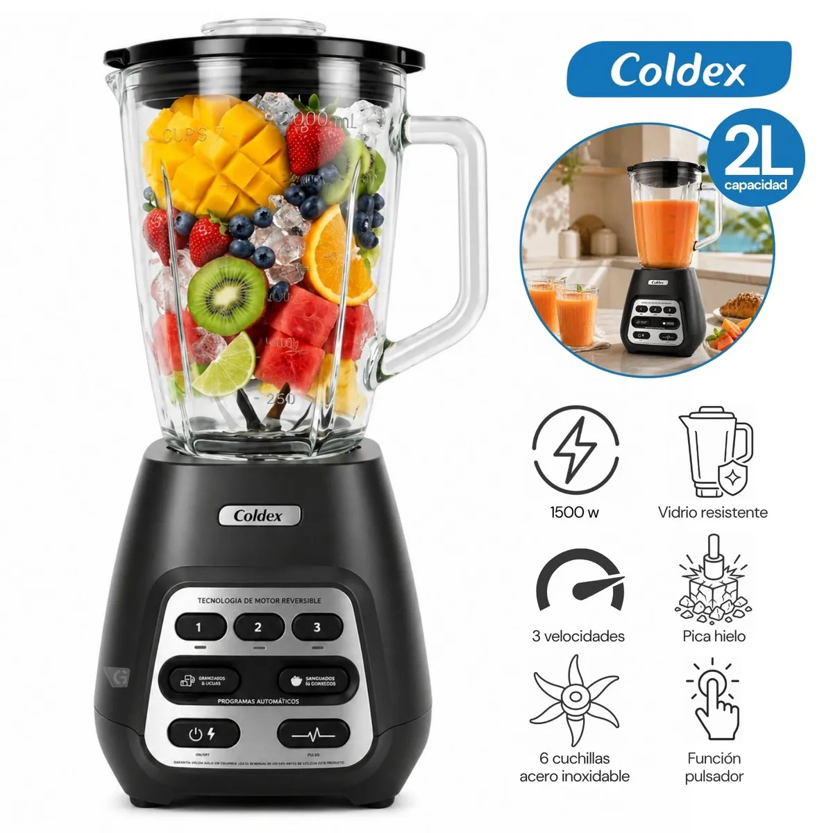 LICUADORA GLASS PRO COLDEX 2LT 1500W CX LIC2 1500DR - 1