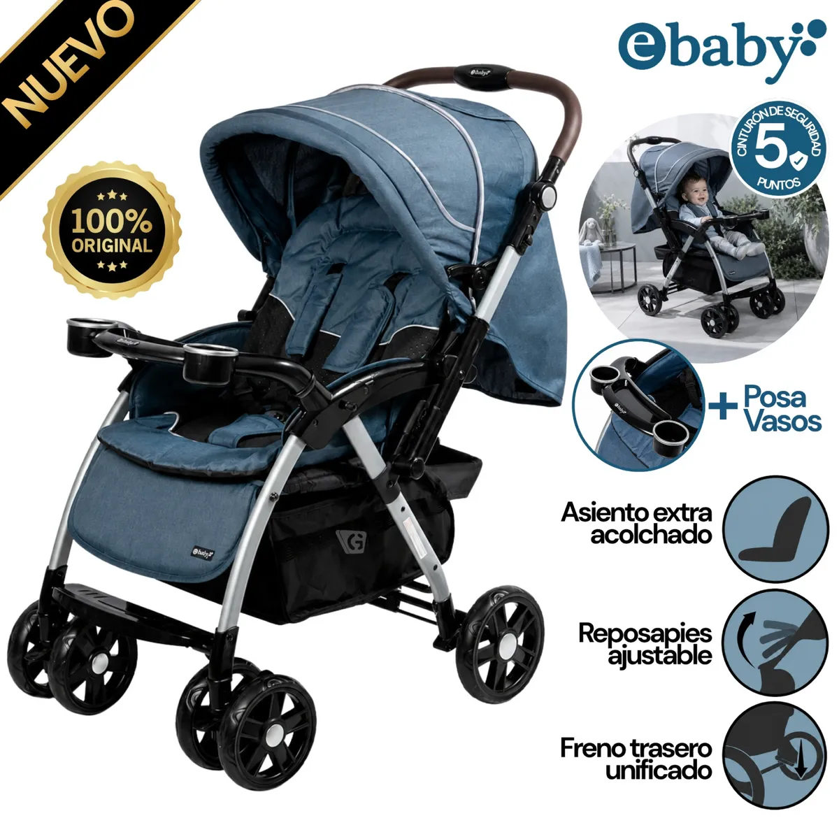 COCHE CUNA YODIE EBABY 1142-2 AZUL - 1