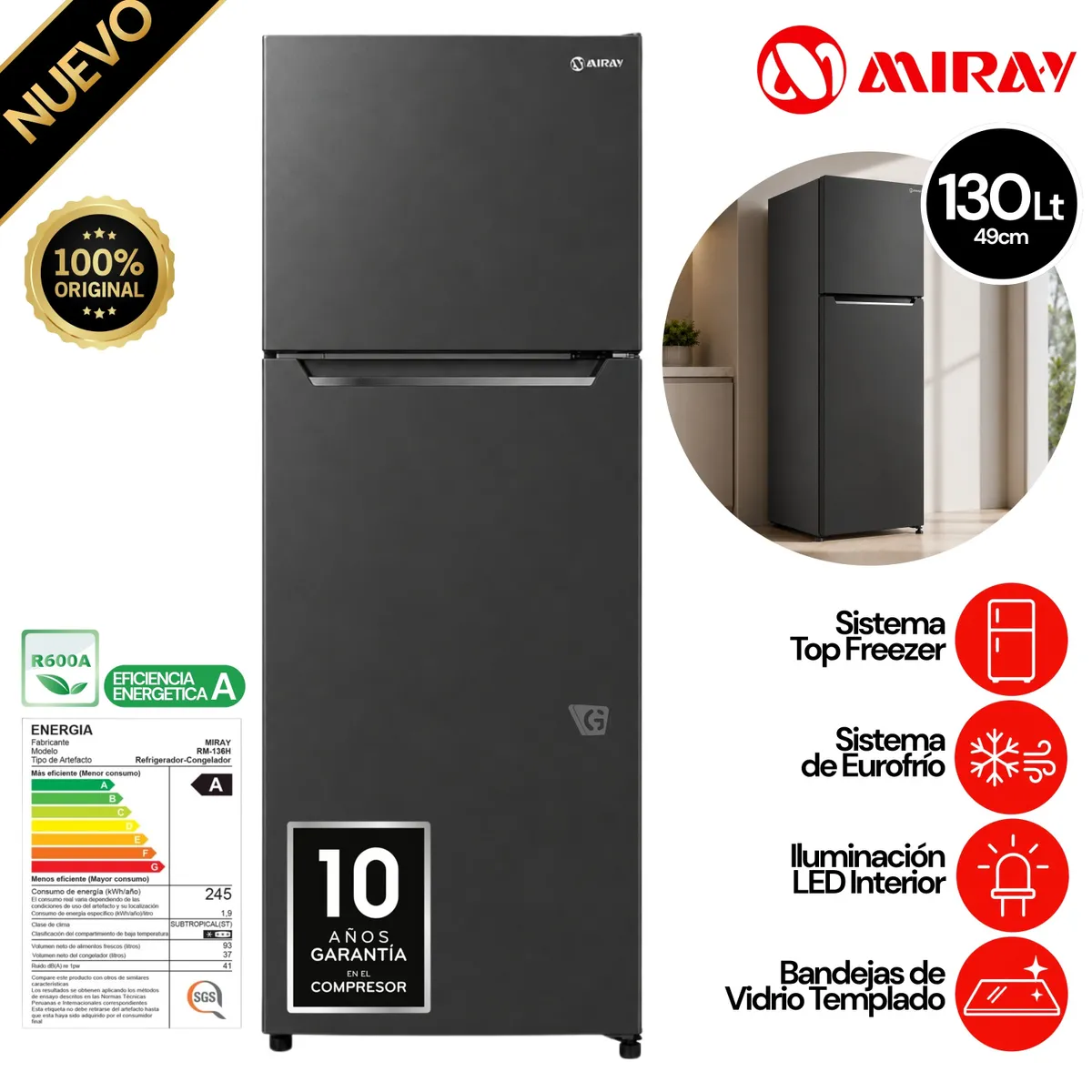REFRIGERADORA MIRAY RM-136H BLACK EURO FRÍO 130L - 1