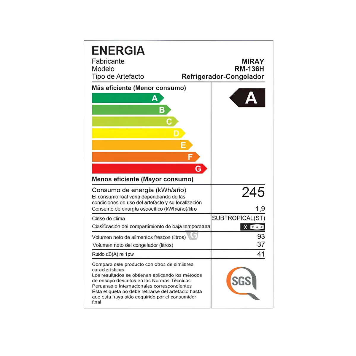 REFRIGERADORA MIRAY RM-136H BLACK EURO FRÍO 130L - 5